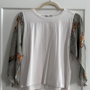 Zara White Top with Gray Tiger Print Sleeves